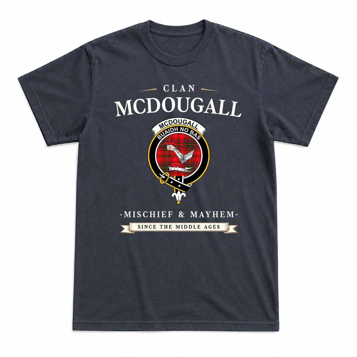 McDougall Modern Tartan Crest Mischief and Mayhem T-shirt