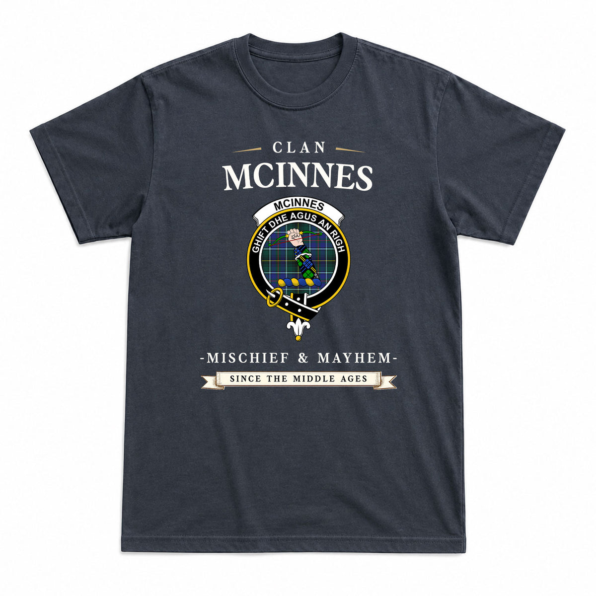 McInnes Modern Tartan Crest Mischief and Mayhem T-shirt