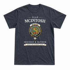 McIntosh Hunting Ancient Tartan Crest Mischief and Mayhem T-shirt