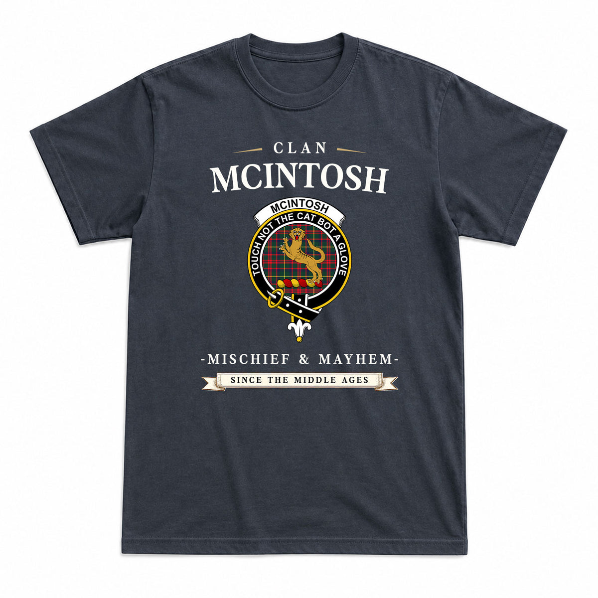 McIntosh Hunting Modern Tartan Crest Mischief and Mayhem T-shirt