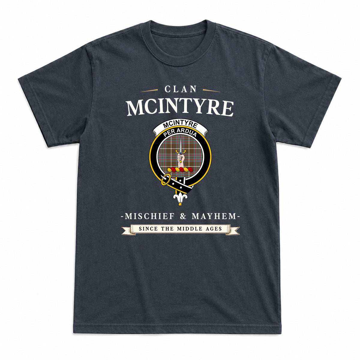 McIntyre Hunting Weathered Tartan Crest Mischief and Mayhem T-shirt