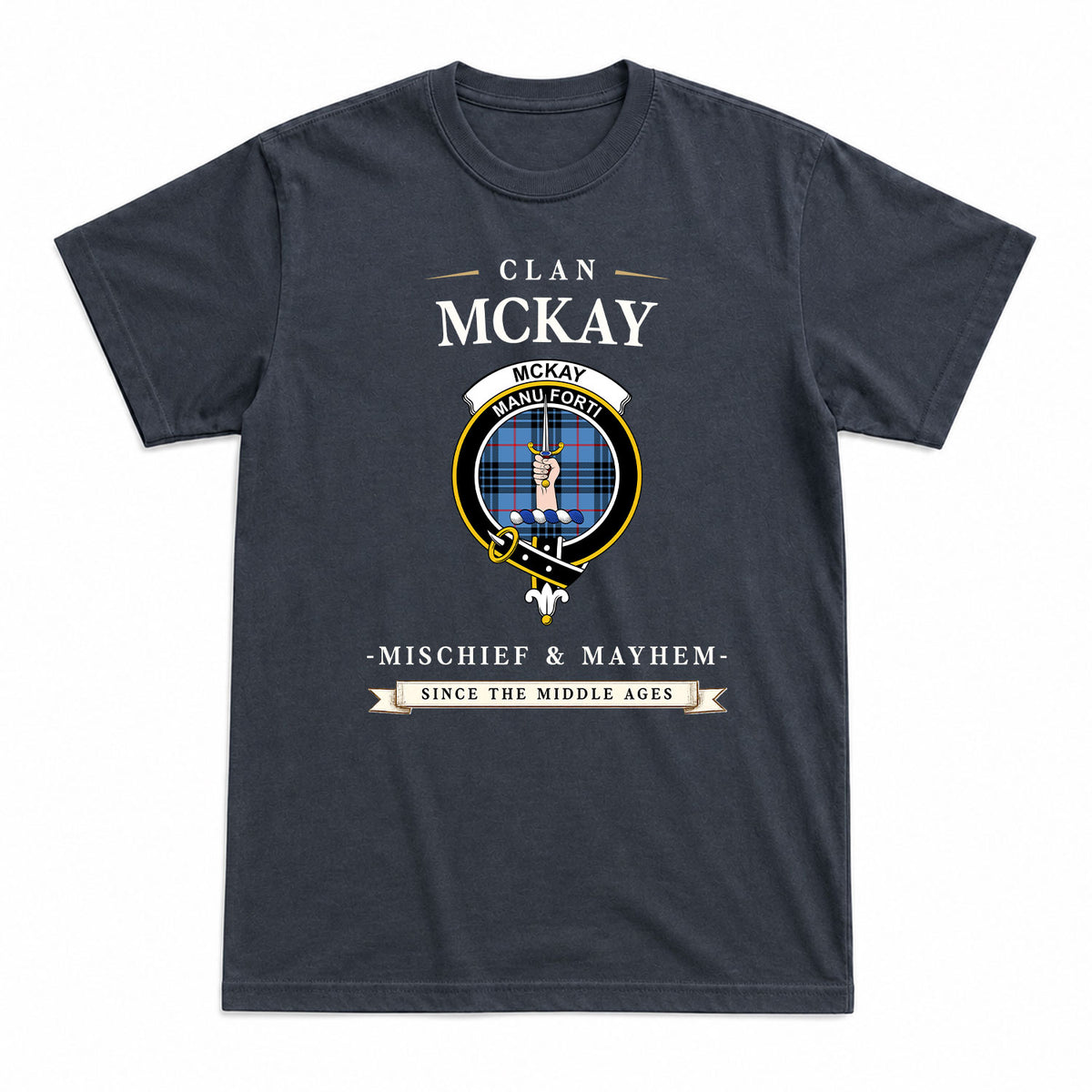 McKay Blue Tartan Crest Mischief and Mayhem T-shirt