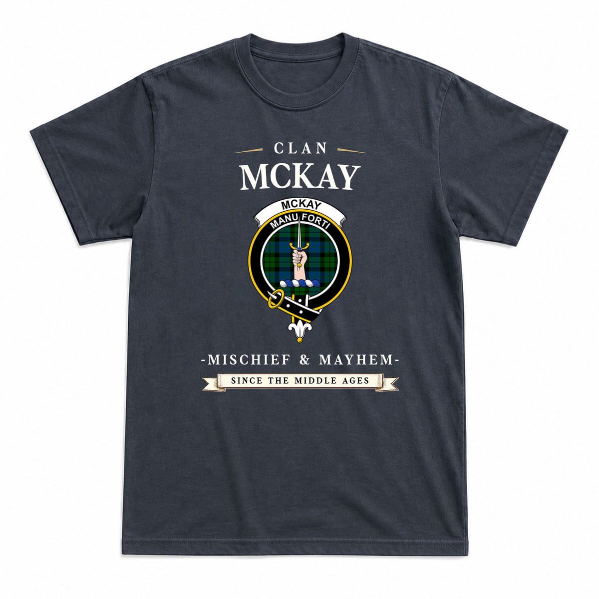 McKay Modern Tartan Crest Mischief and Mayhem T-shirt