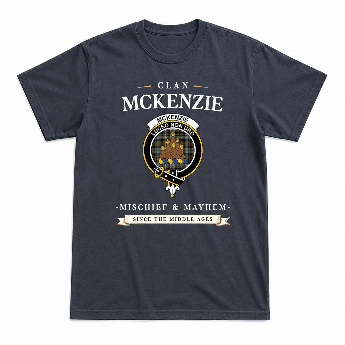 McKenzie Weathered Tartan Crest Mischief and Mayhem T-shirt