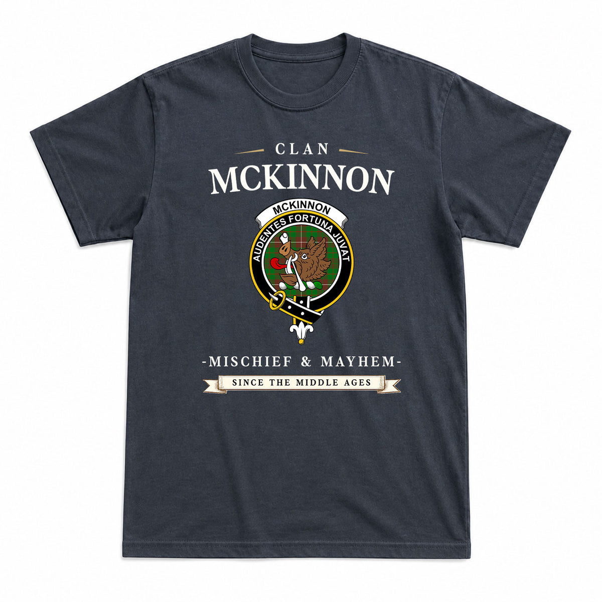 McKinnon Hunting Modern Tartan Crest Mischief and Mayhem T-shirt