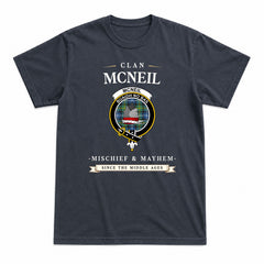 McNeil of Barra Ancient Tartan Crest Mischief and Mayhem T-shirt