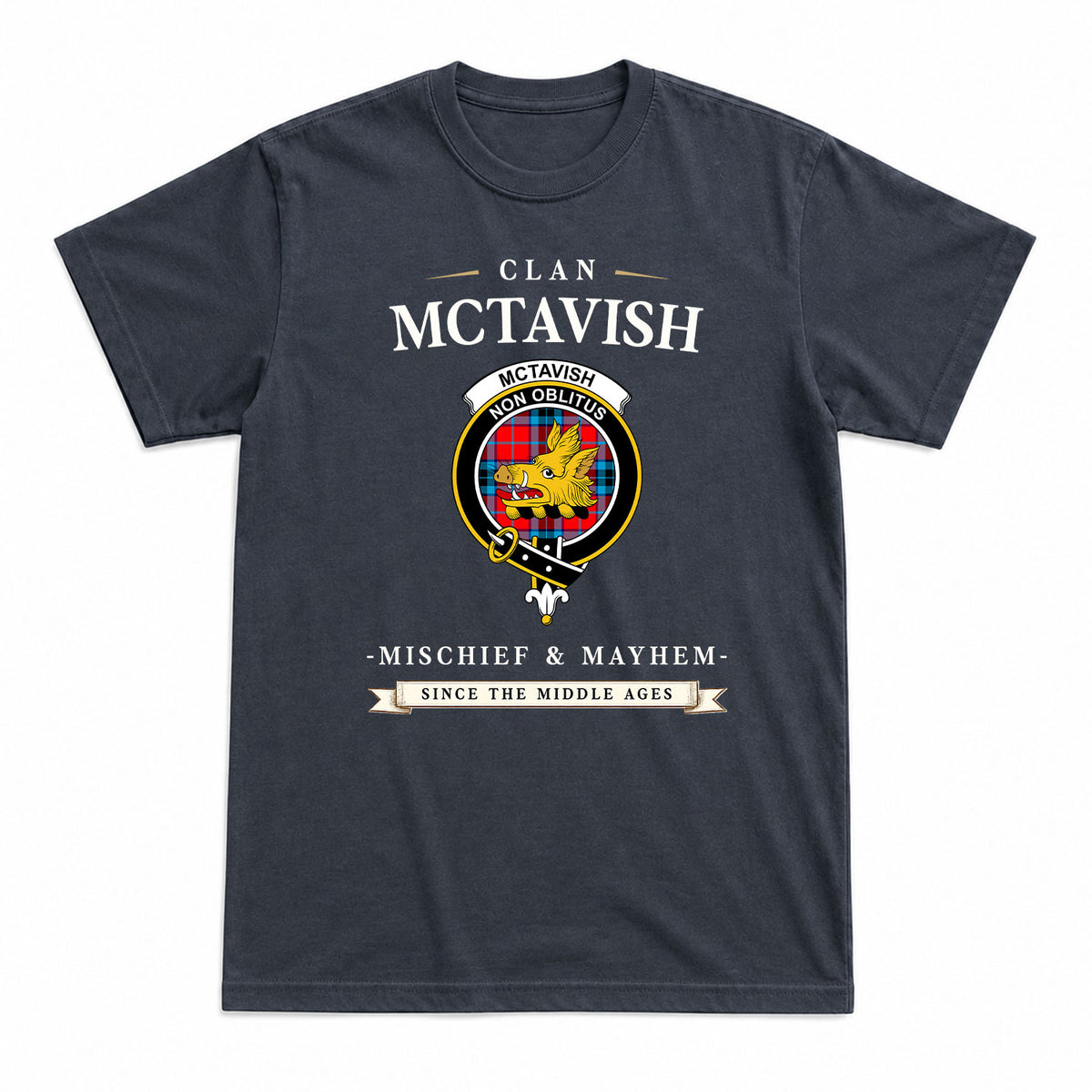 McTavish Modern Tartan Crest Mischief and Mayhem T-shirt