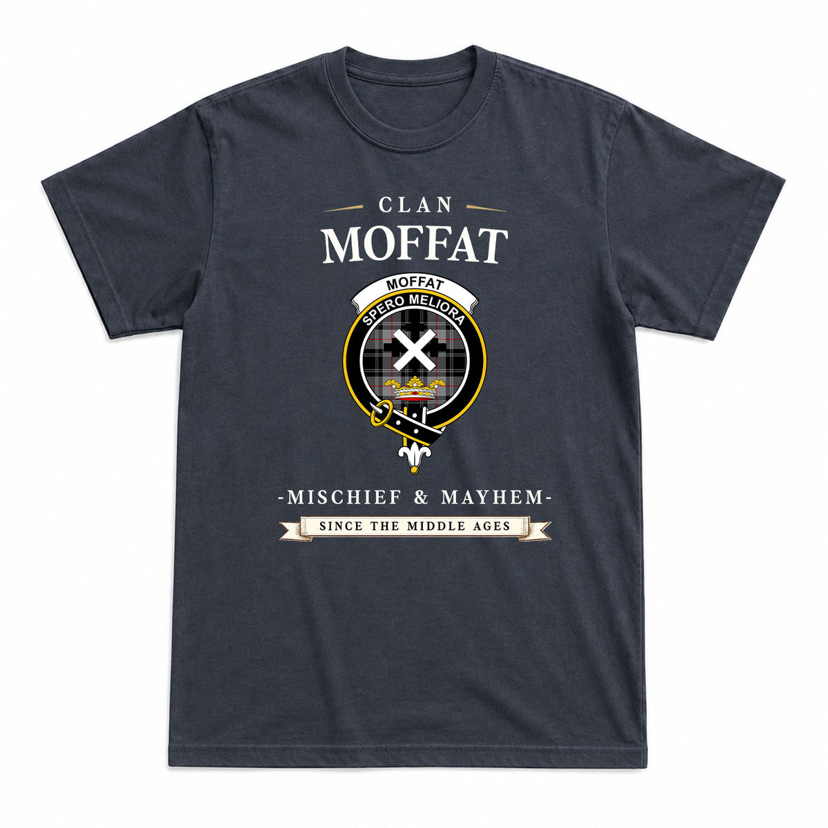 Moffat Modern Tartan Crest Mischief and Mayhem T-shirt