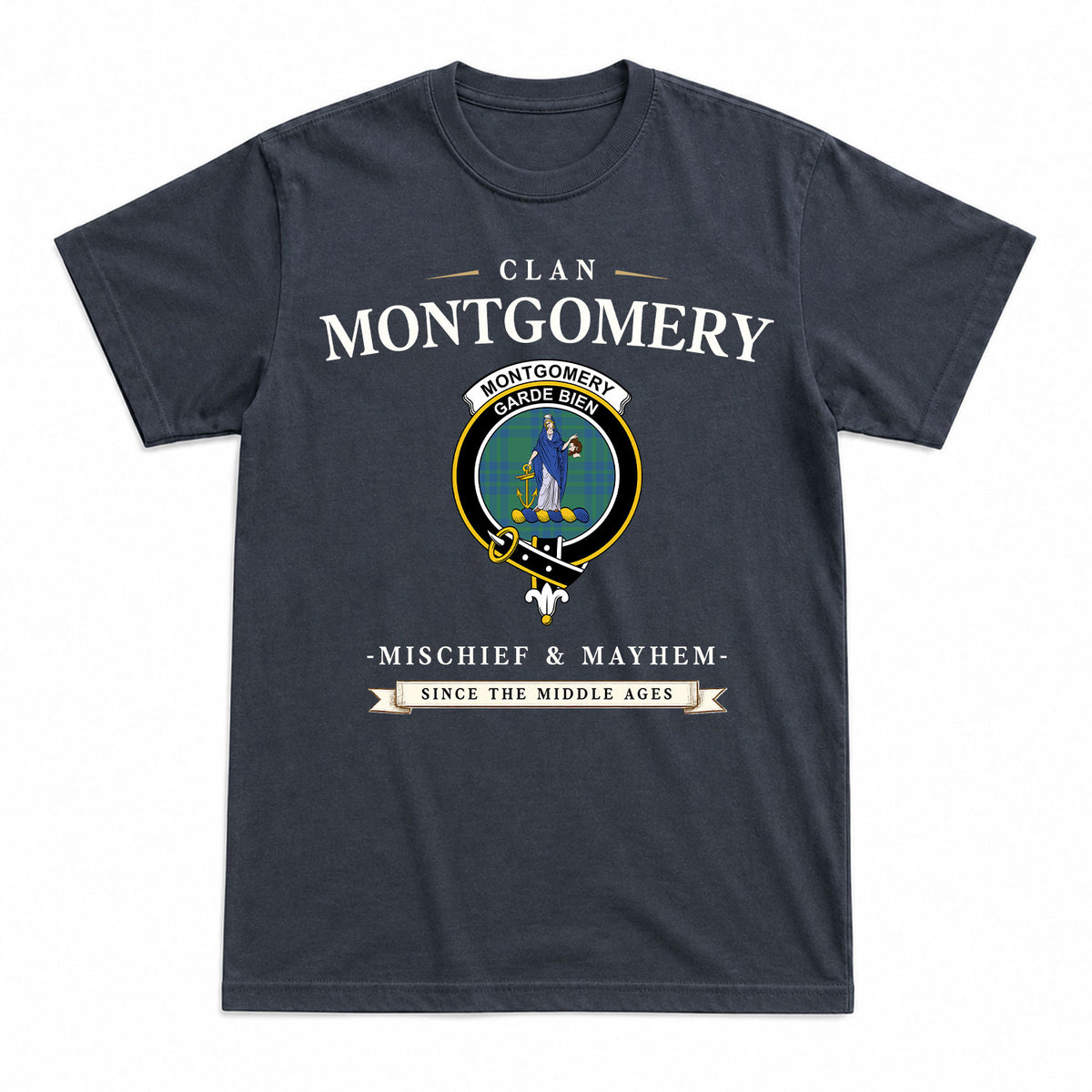 Montgomery Ancient Tartan Crest Mischief and Mayhem T-shirt