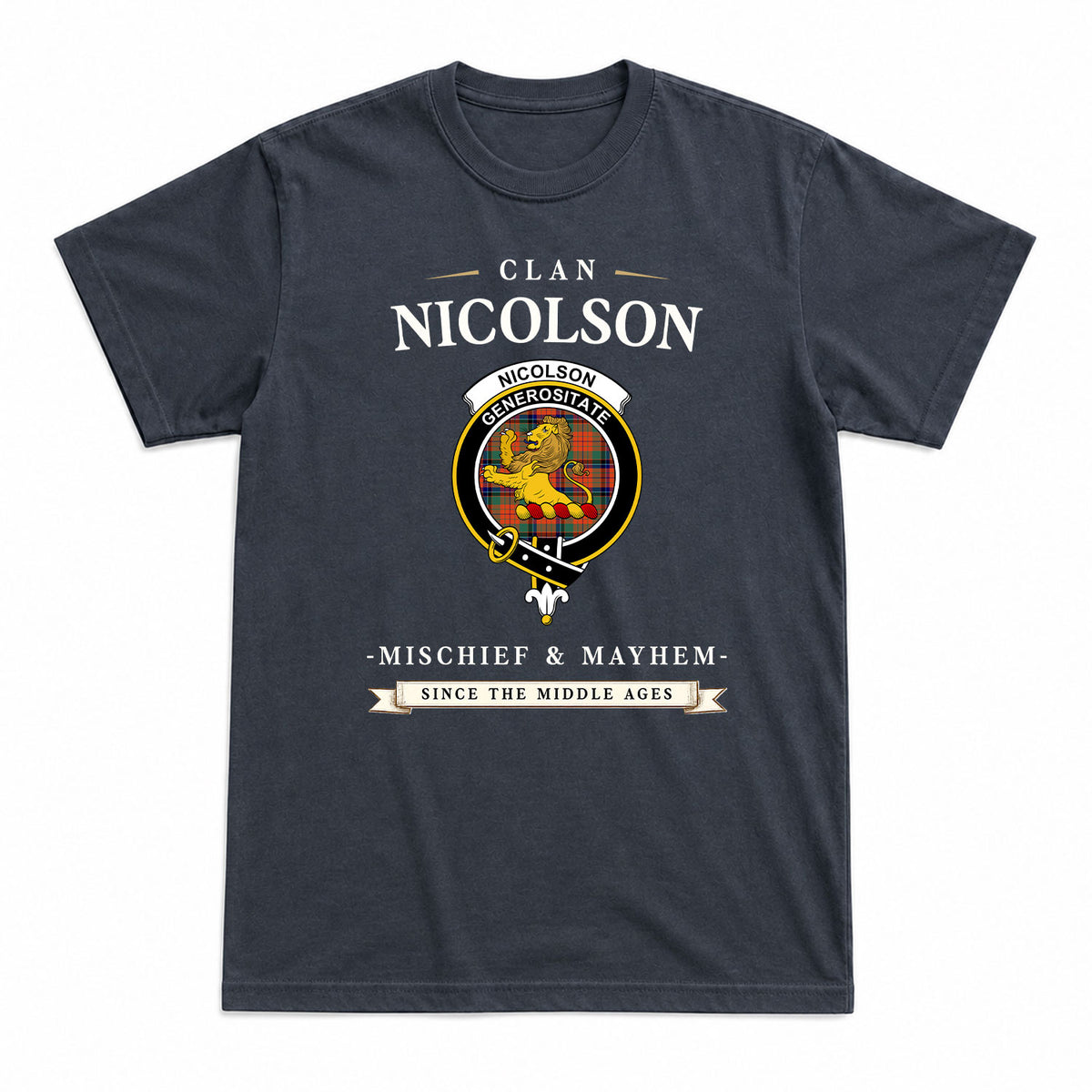 Nicolson Ancient Tartan Crest Mischief and Mayhem T-shirt