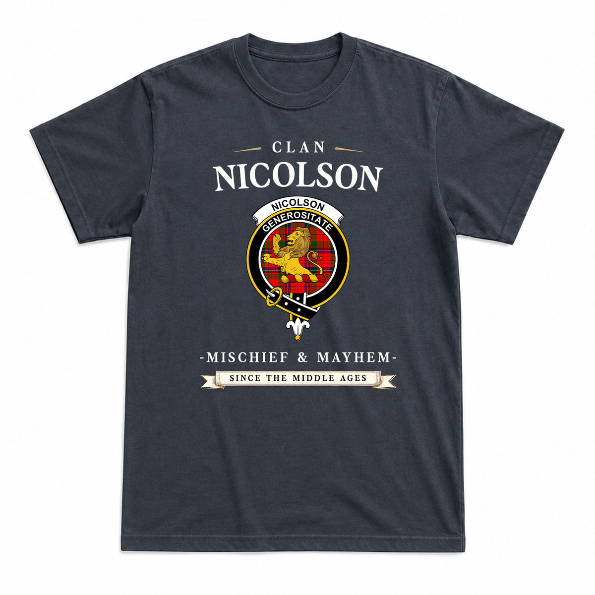 Nicolson Modern Tartan Crest Mischief and Mayhem T-shirt