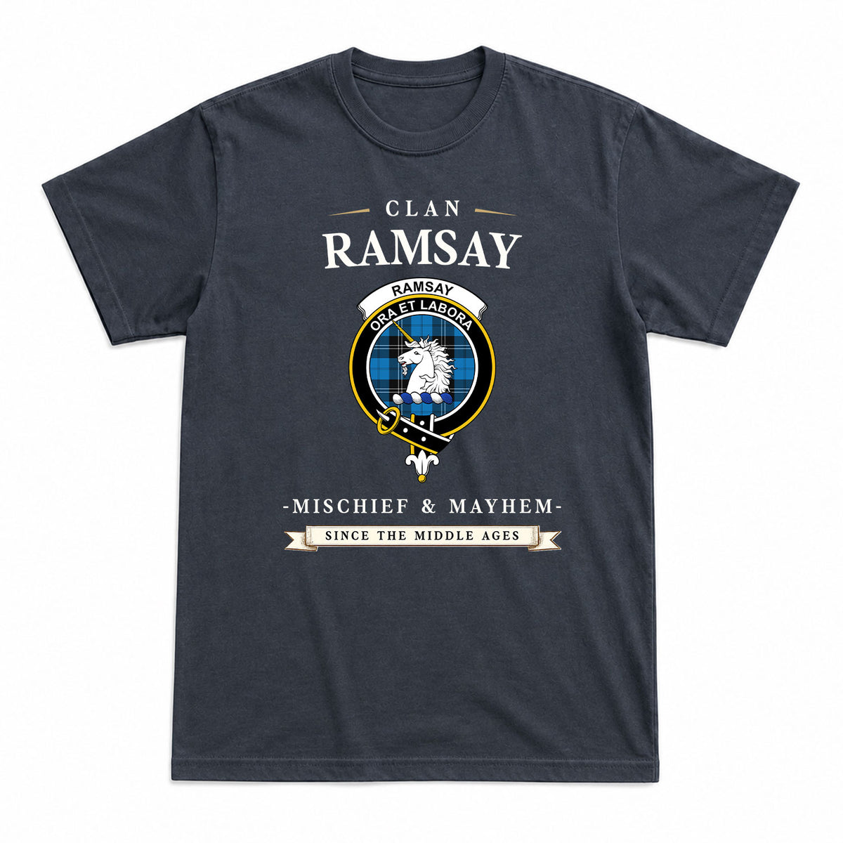 Ramsay Blue Ancient Tartan Crest Mischief and Mayhem T-shirt