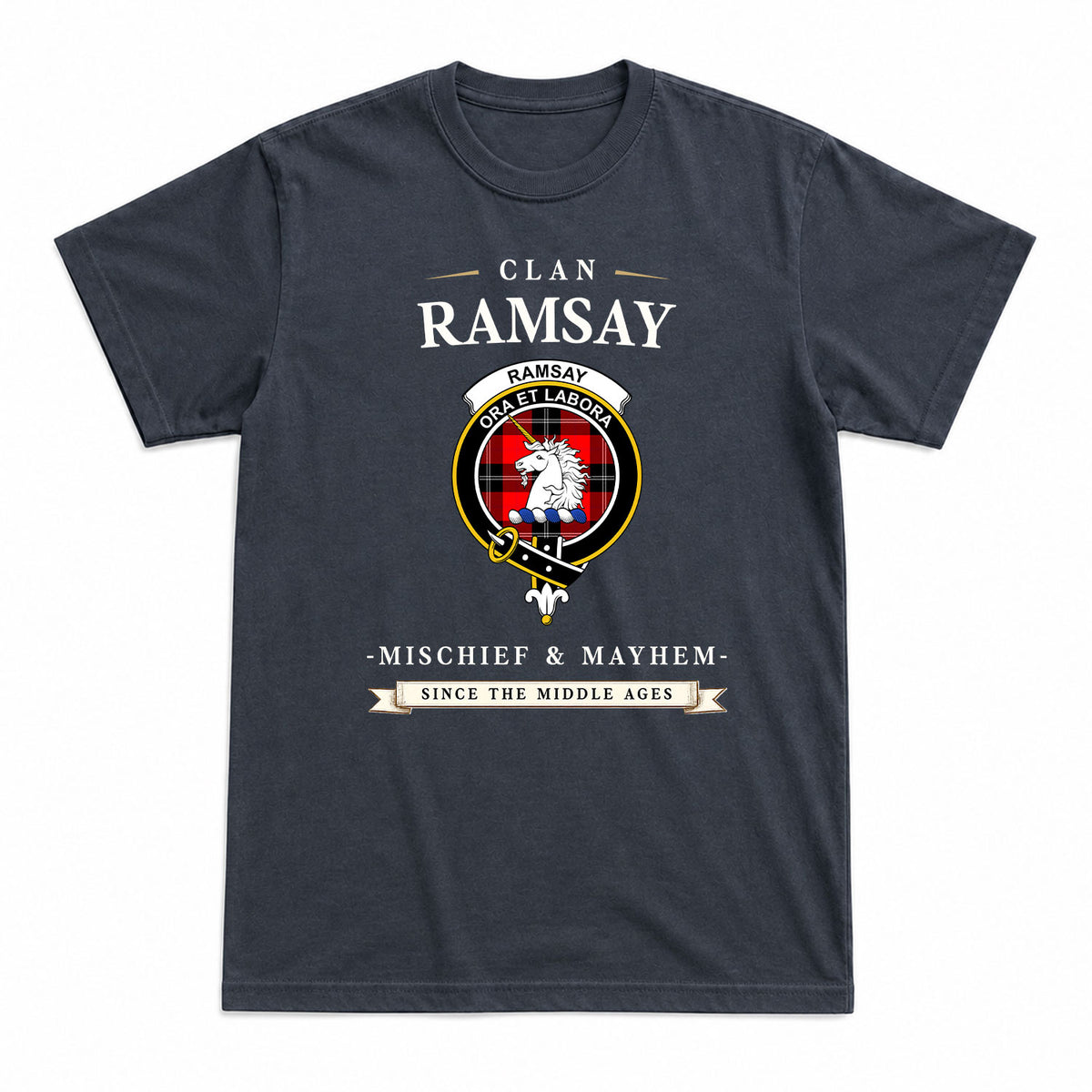 Ramsay Modern Tartan Crest Mischief and Mayhem T-shirt