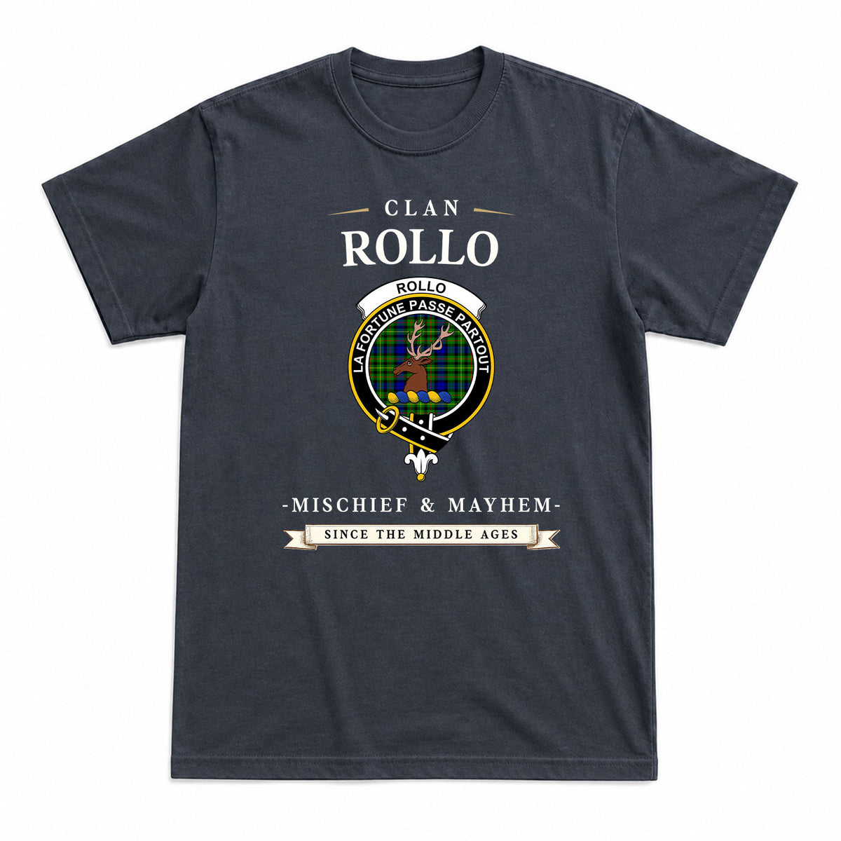 Rollo Modern Tartan Crest Mischief and Mayhem T-shirt