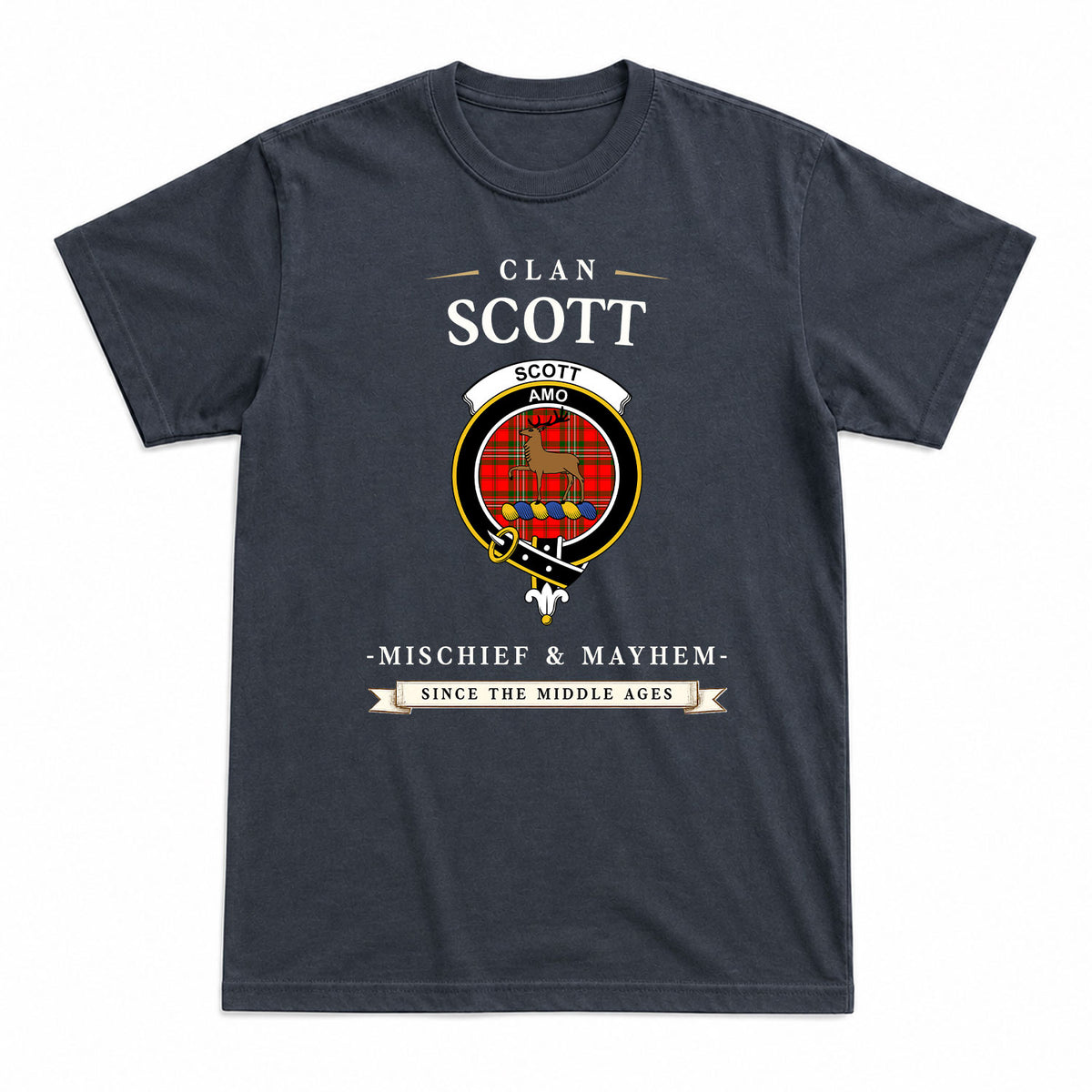 Scott Modern Tartan Crest Mischief and Mayhem T-shirt