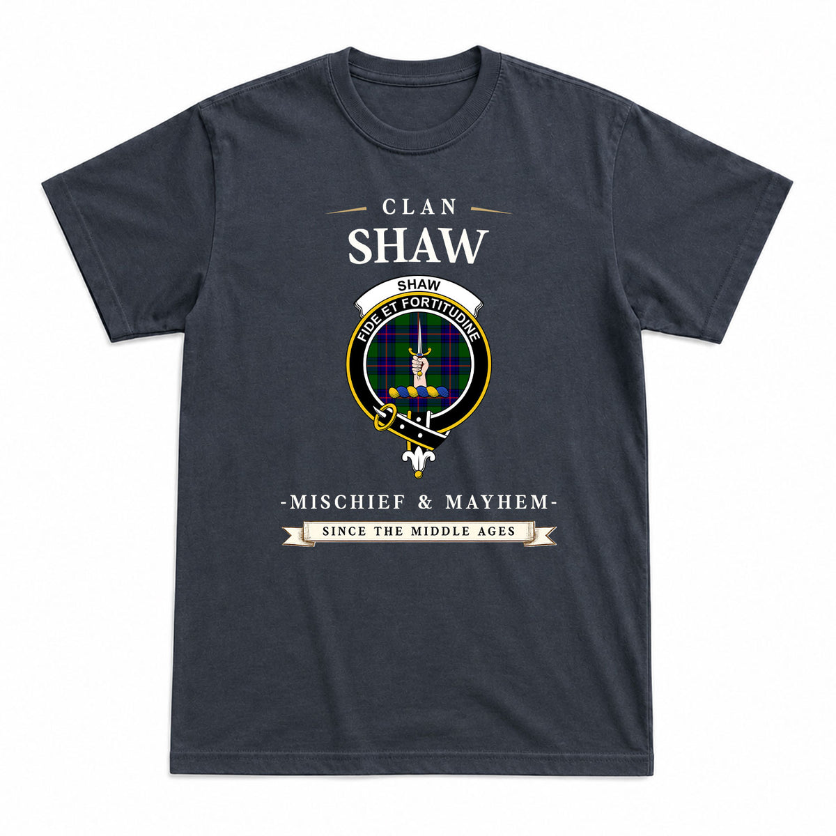 Shaw Modern Tartan Crest Mischief and Mayhem T-shirt