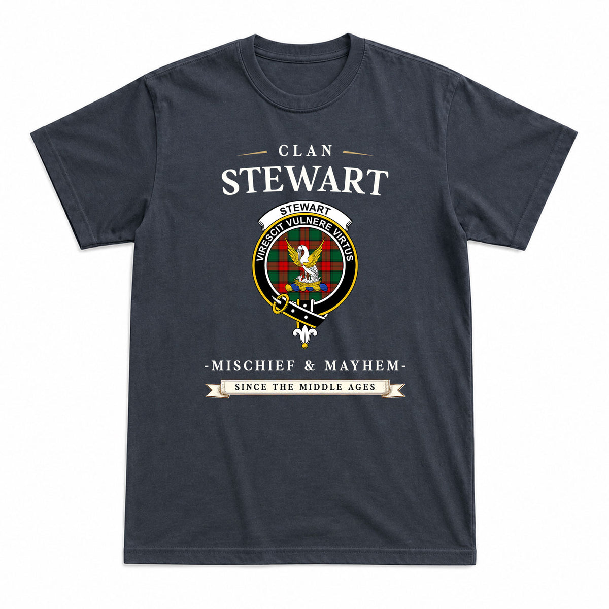 Stewart Atholl Modern Tartan Crest Mischief and Mayhem T-shirt