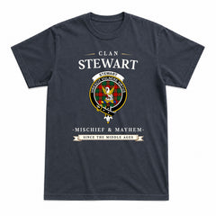 Stewart Atholl Modern Tartan Crest Mischief and Mayhem T-shirt