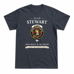 Stewart Black Tartan Crest Mischief and Mayhem T-shirt