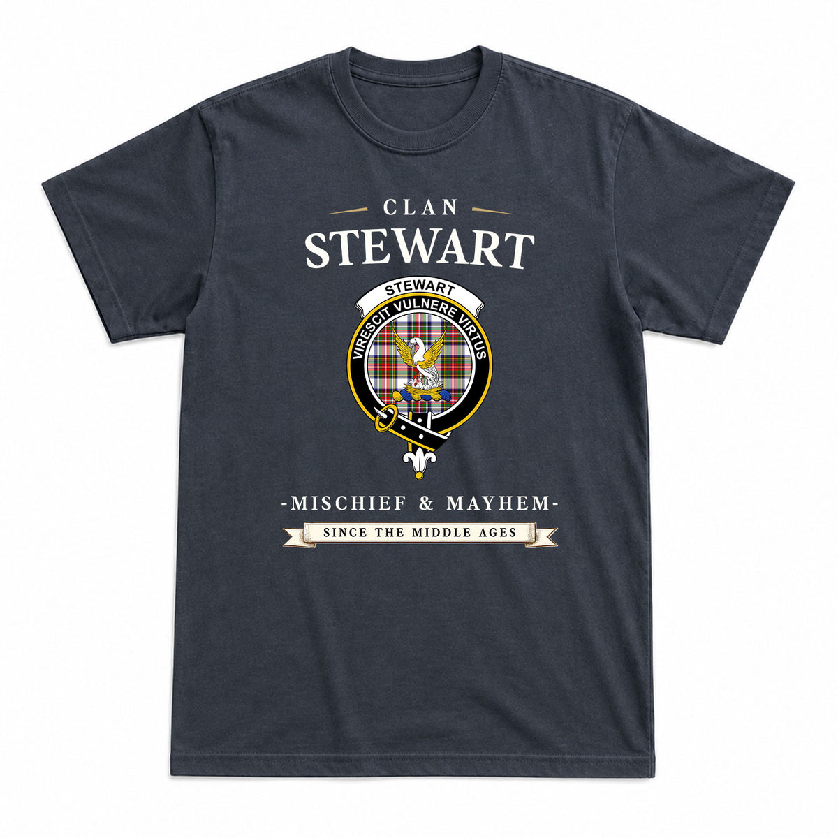 Stewart Dress Modern Tartan Crest Mischief and Mayhem T-shirt