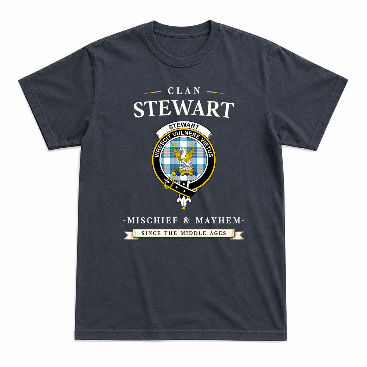 Stewart Muted Blue Tartan Crest Mischief and Mayhem T-shirt