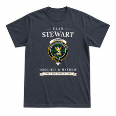 Stewart Old Modern Tartan Crest Mischief and Mayhem T-shirt