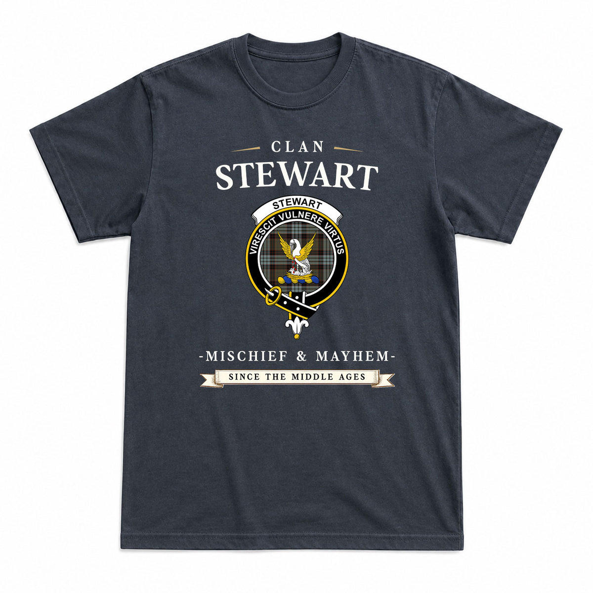 Stewart Old Weathered Tartan Crest Mischief and Mayhem T-shirt