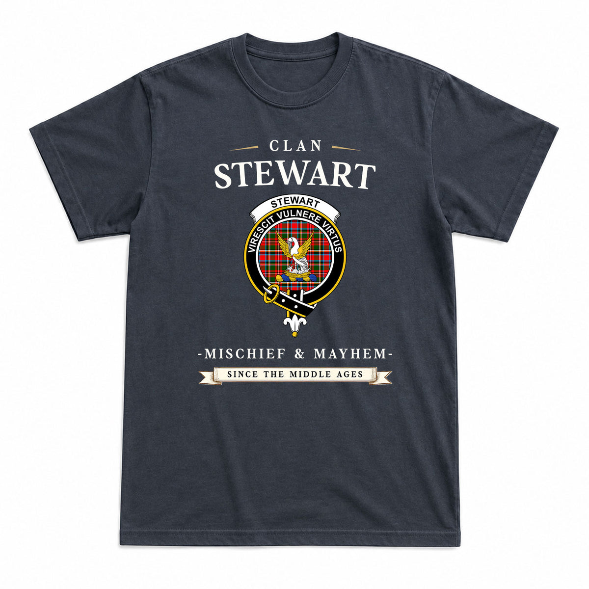 Stewart Royal Tartan Crest Mischief and Mayhem T-shirt