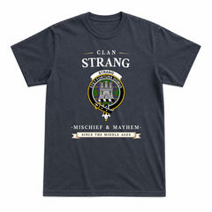 Strang (or Strange) Tartan Crest Mischief and Mayhem T-shirt