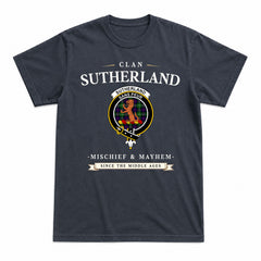 Sutherland Modern Tartan Crest Mischief and Mayhem T-shirt