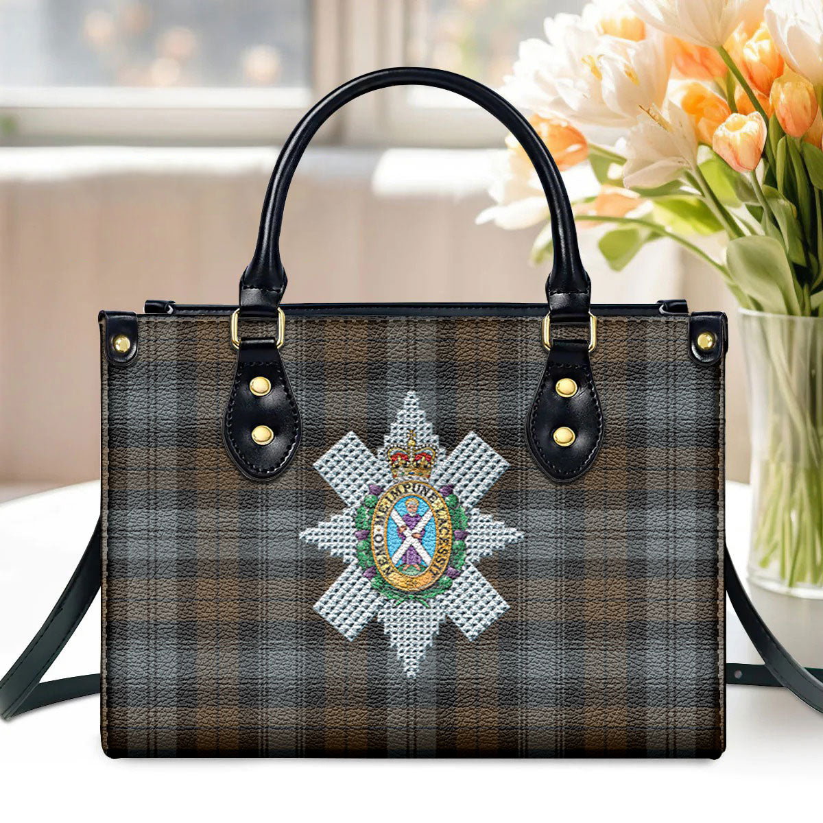 Black Watch Weathered Tartan Crest Leather Handbag