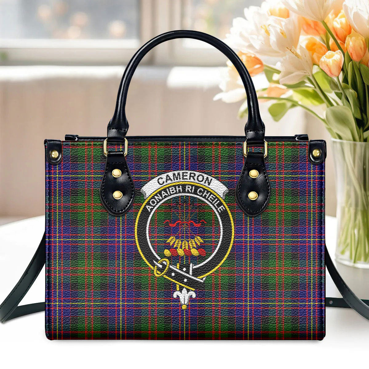 Cameron of Erracht Modern Tartan Crest Leather Handbag