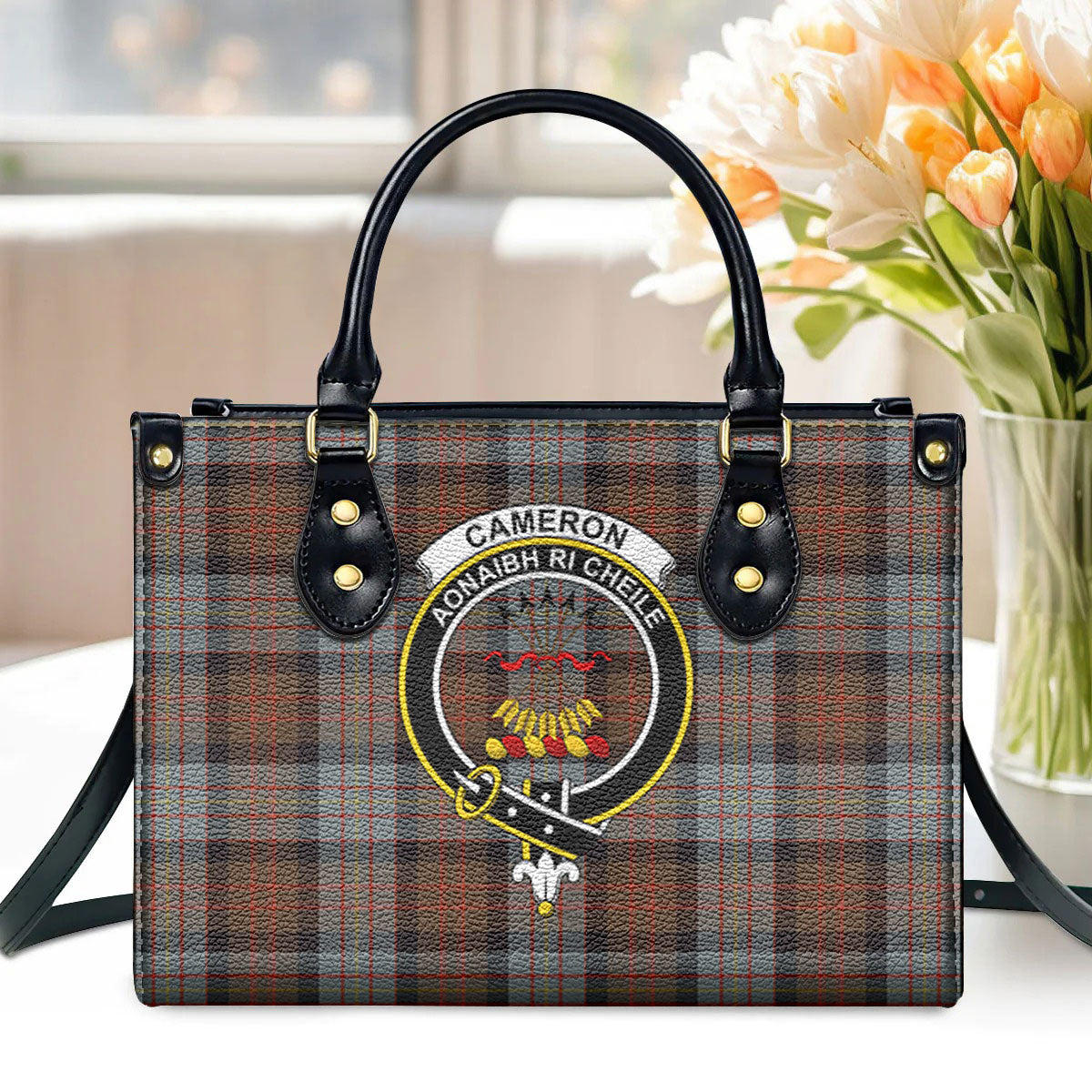 Cameron of Erracht Weathered Tartan Crest Leather Handbag