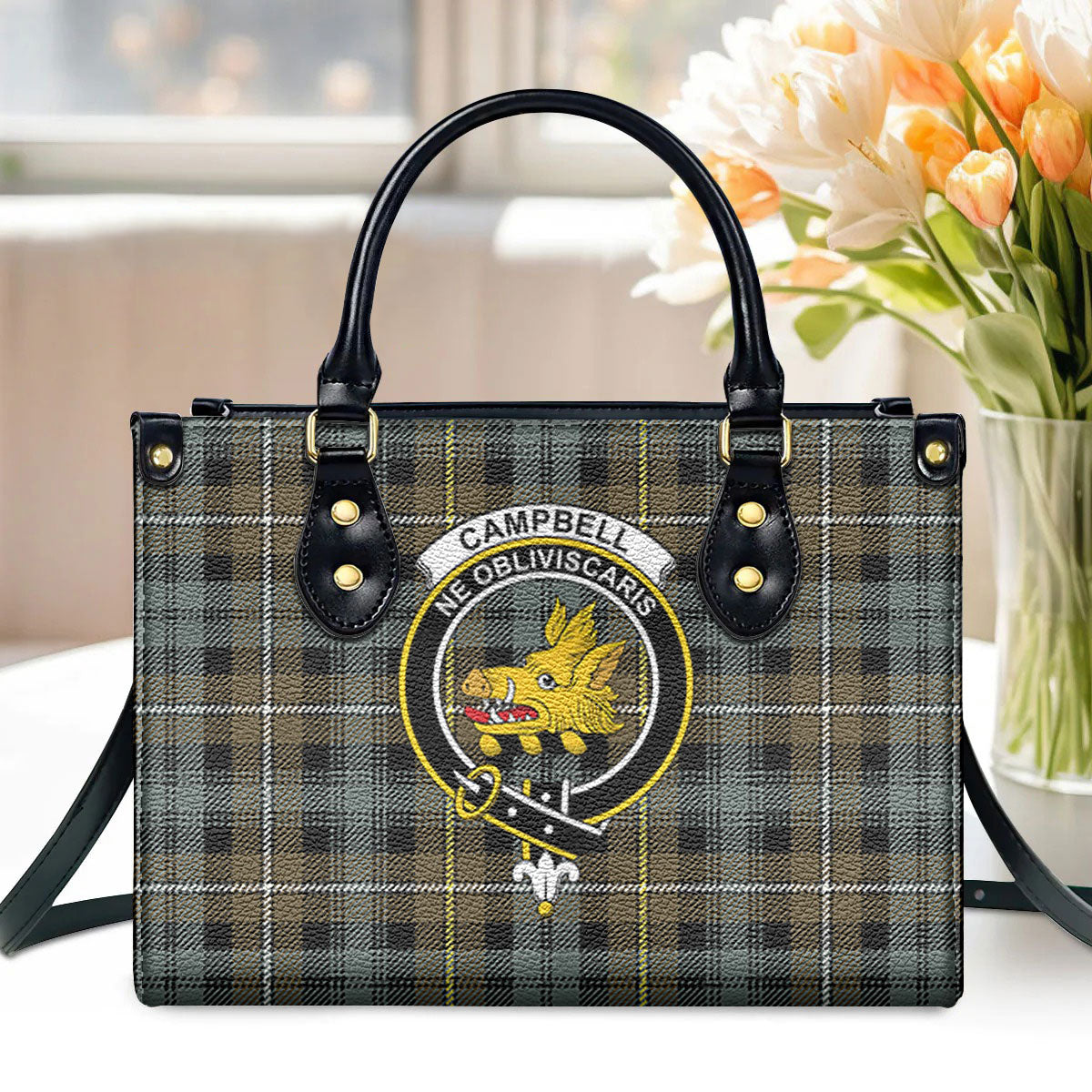 Campbell Argyll Weathered Tartan Crest Leather Handbag