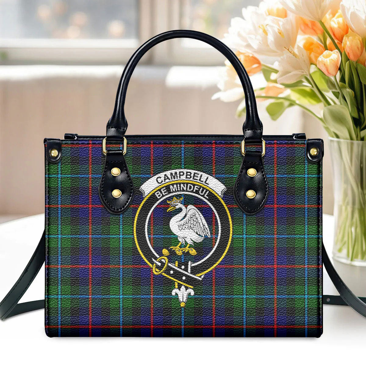 Campbell of Cawdor Modern Tartan Crest Leather Handbag