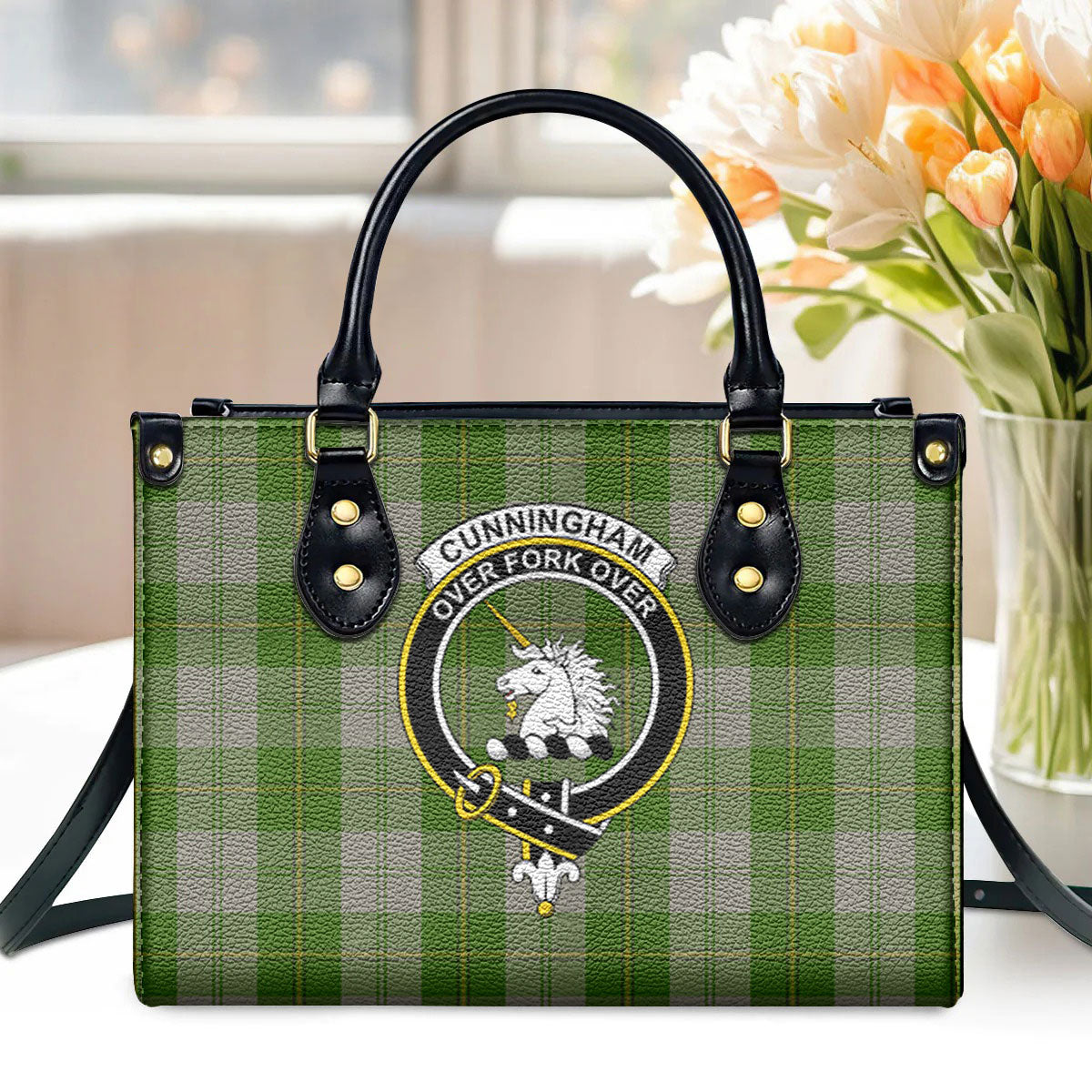 Cunningham Dress Green Dancers Tartan Crest Leather Handbag