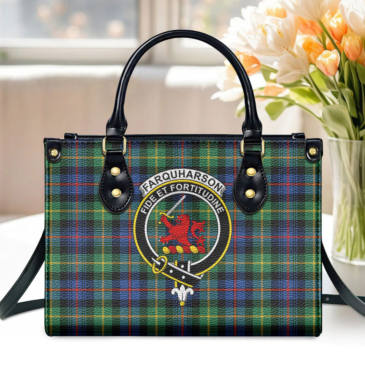 Farquharson Ancient Tartan Crest Leather Handbag