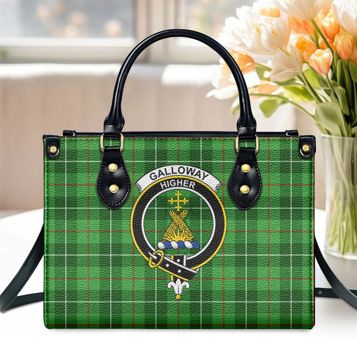 Galloway District Tartan Crest Leather Handbag