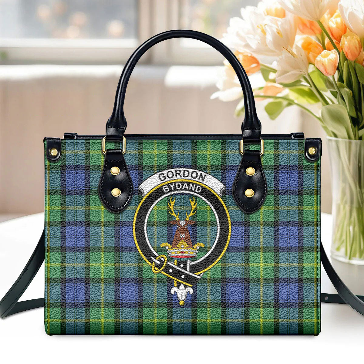 Gordon Old Ancient Tartan Crest Leather Handbag