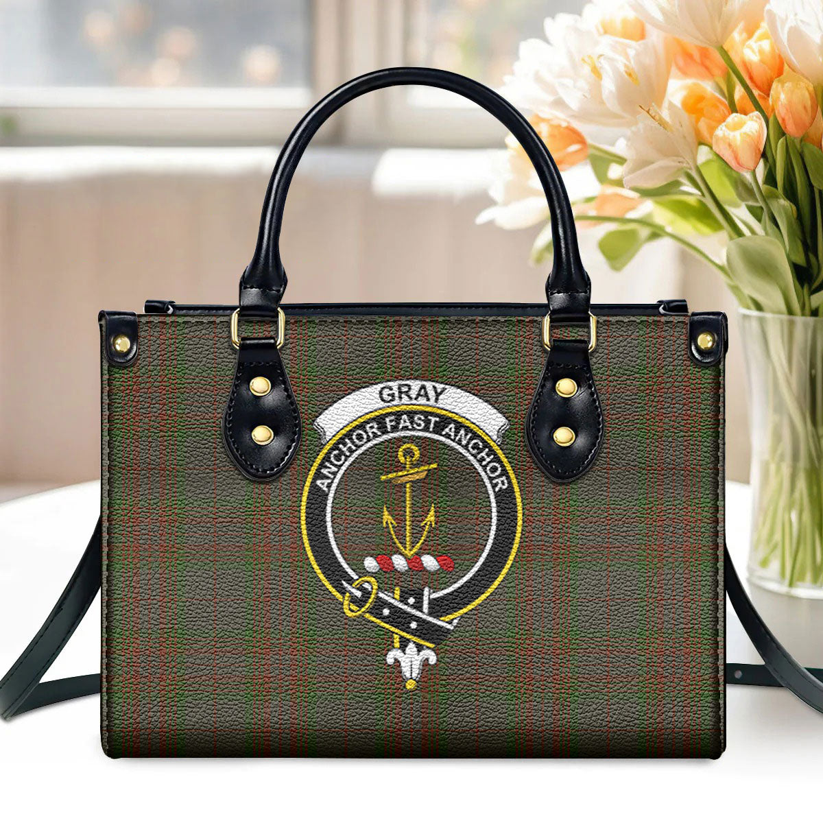 Gray Tartan Crest Leather Handbag