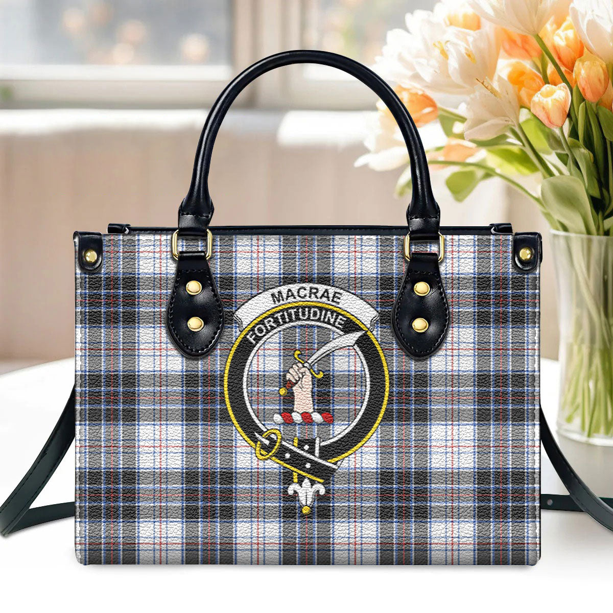 MacRae Dress Modern Tartan Crest Leather Handbag