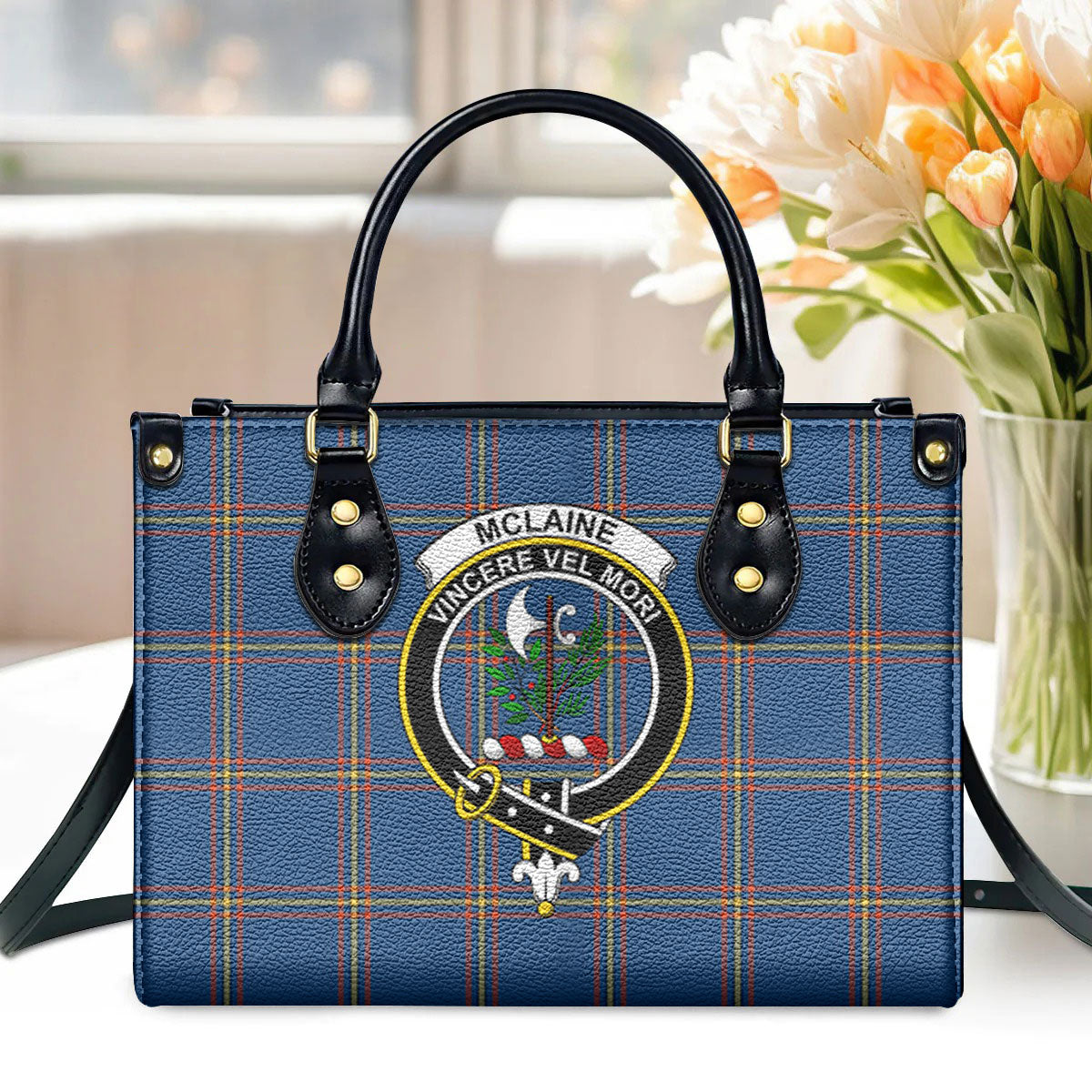 McLaine of Loch Buie Hunting Ancient Tartan Crest Leather Handbag