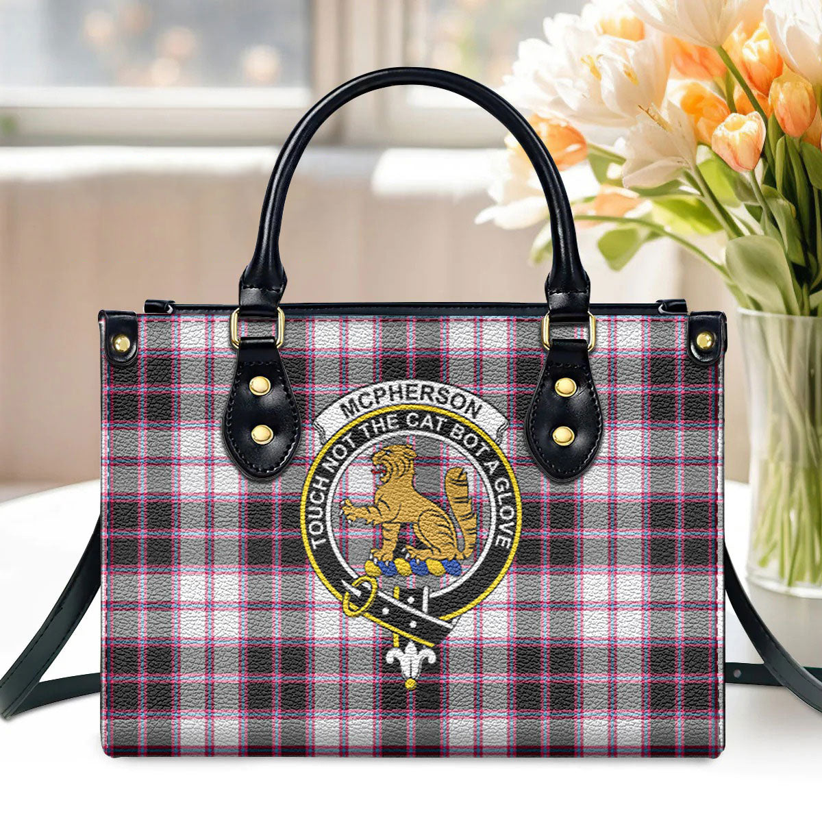 McPherson Hunting Modern Tartan Crest Leather Handbag