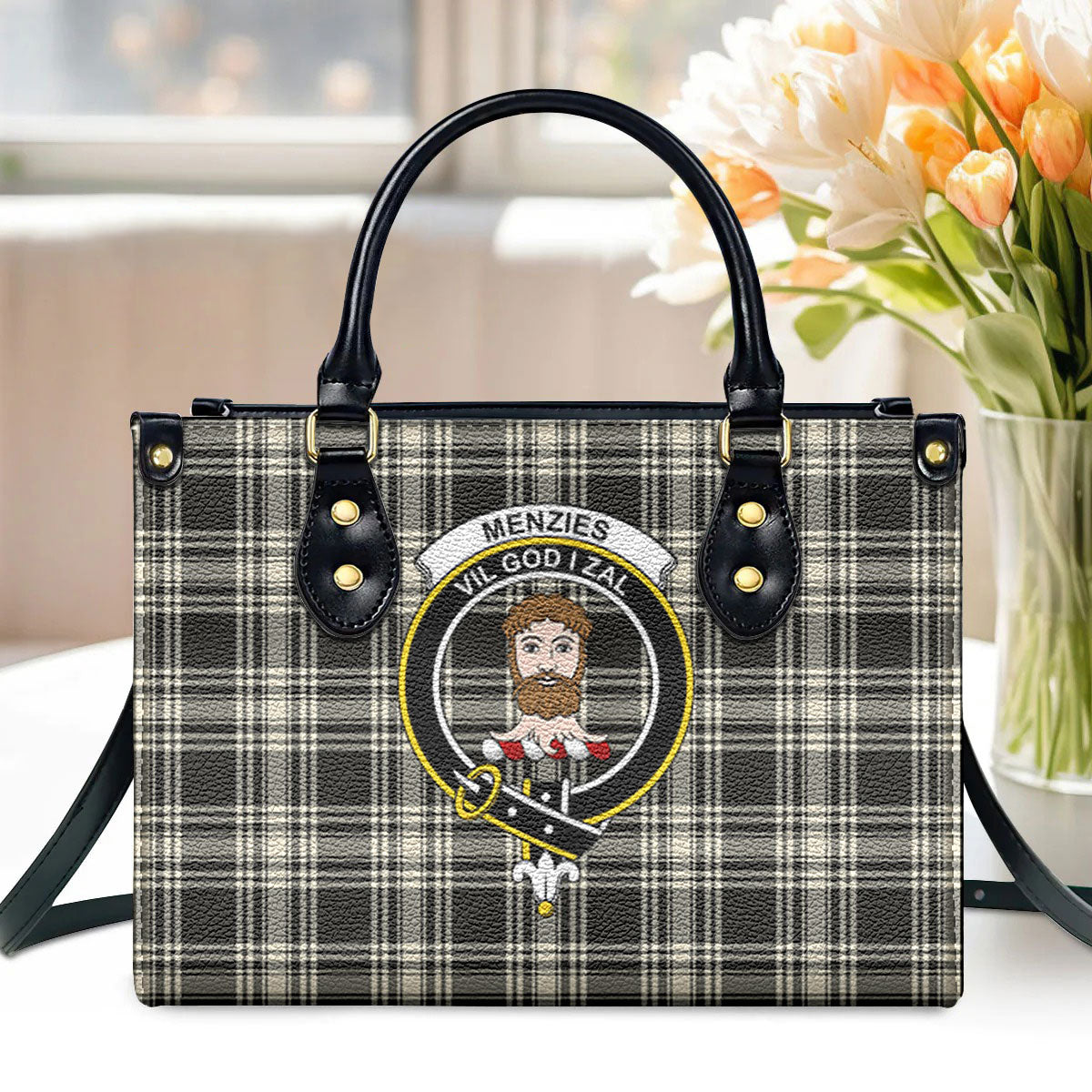 Menzies Black - White Ancient Tartan Crest Leather Handbag