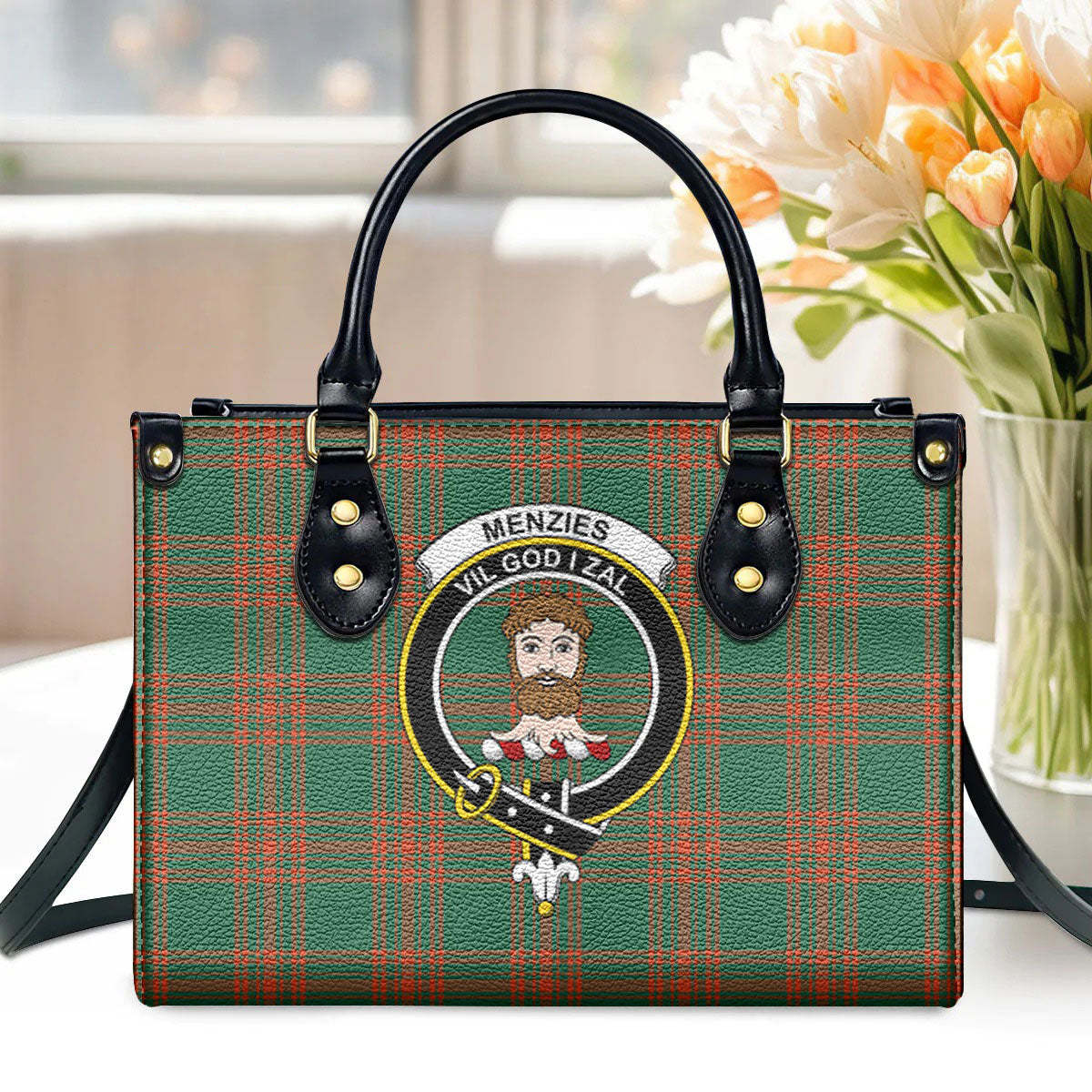 Menzies Green Ancient Tartan Crest Leather Handbag