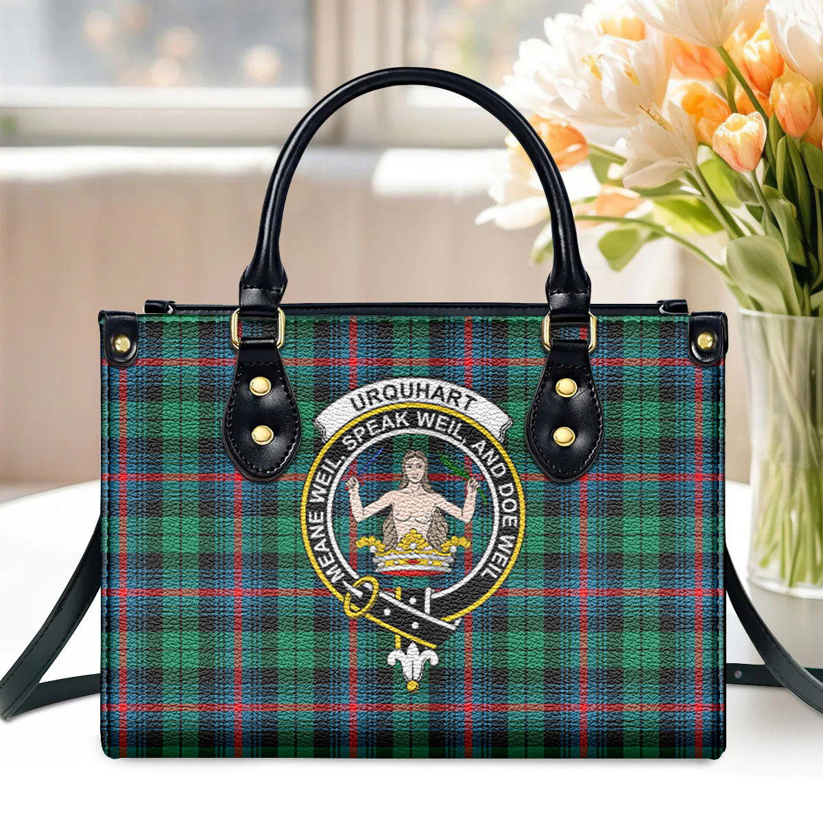 Urquhart Broad Red Ancient Tartan Crest Leather Handbag