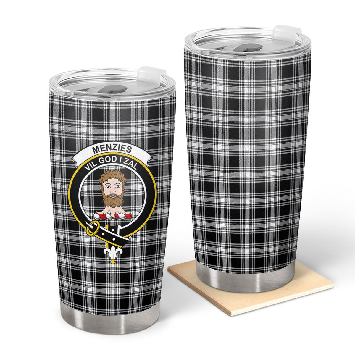 Menzies Black _ White Modern Tartan Crest Tumbler