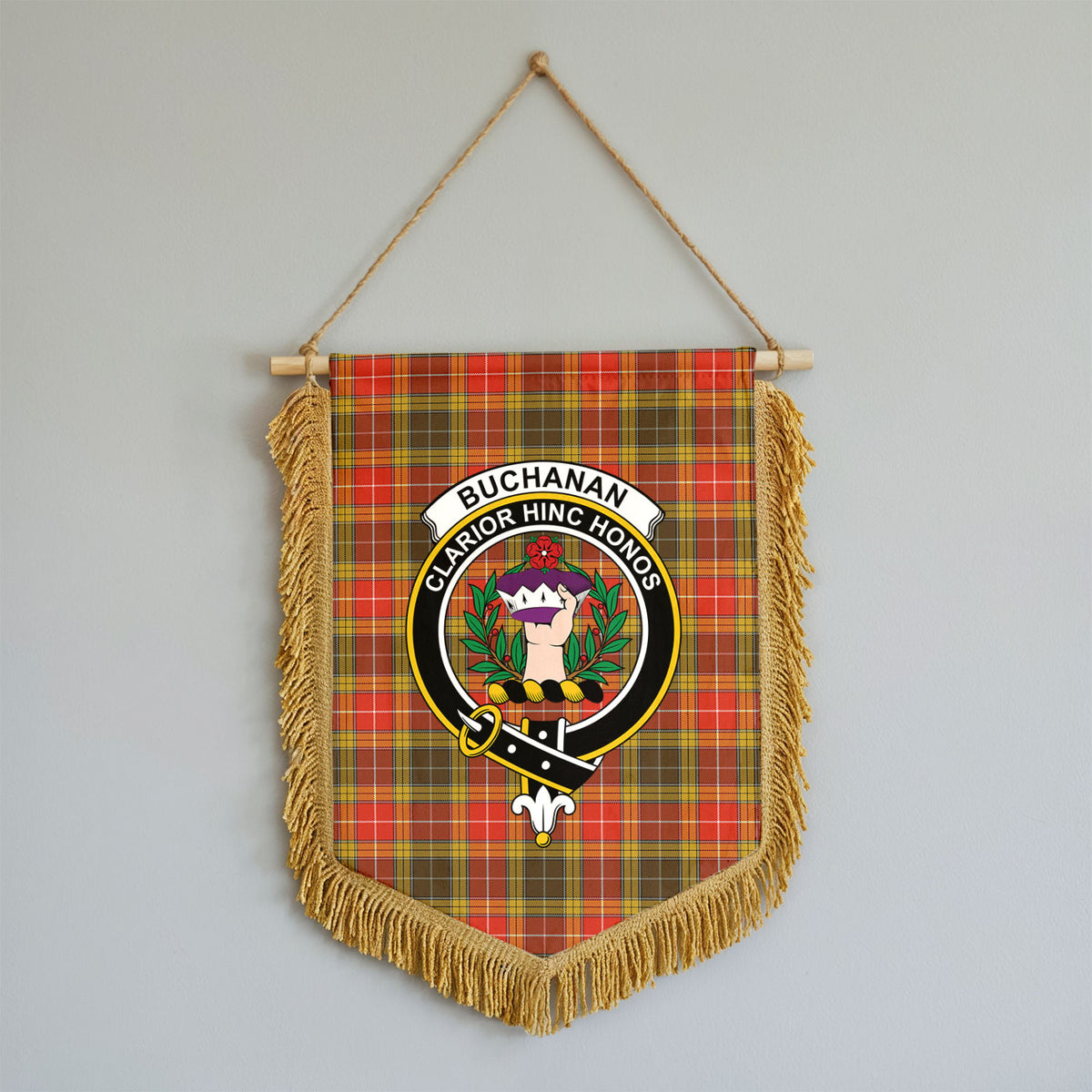 Buchanan Old Set Weathered Tartan Crest Wall Hanging Banner - Wood Pole