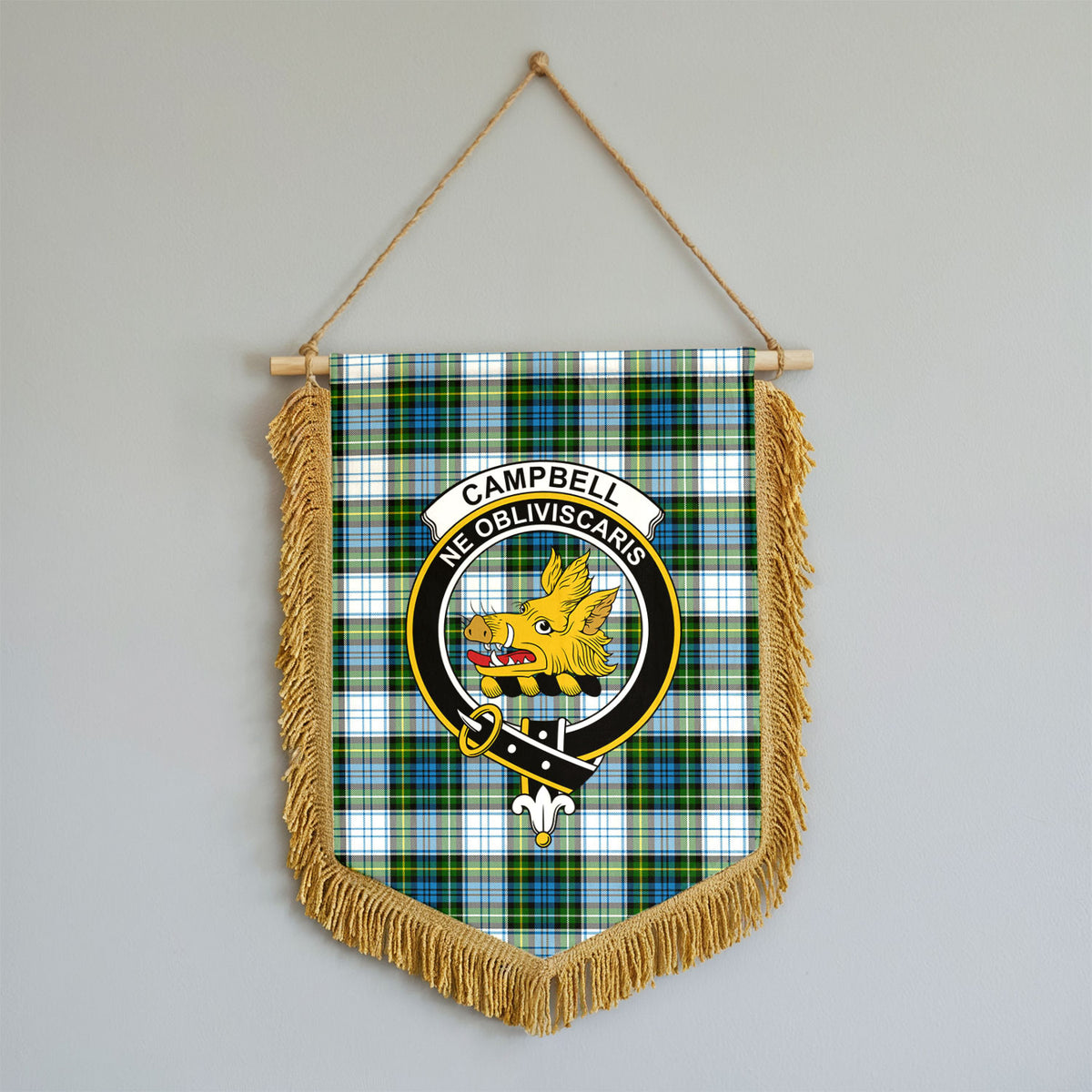 Campbell Dress Tartan Crest Wall Hanging Banner - Wood Pole