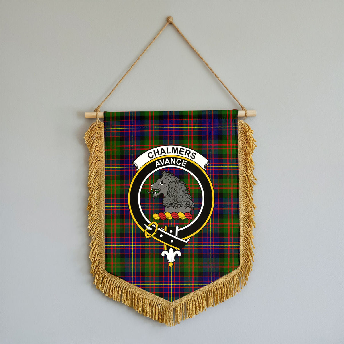 Chalmers Tartan Crest Wall Hanging Banner - Wood Pole
